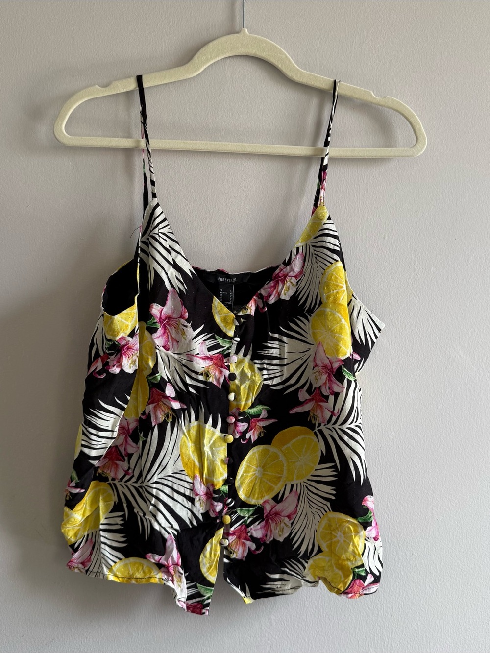 Forever 21 Black Lemon & Pink Novelty print Floral Cami Top size L